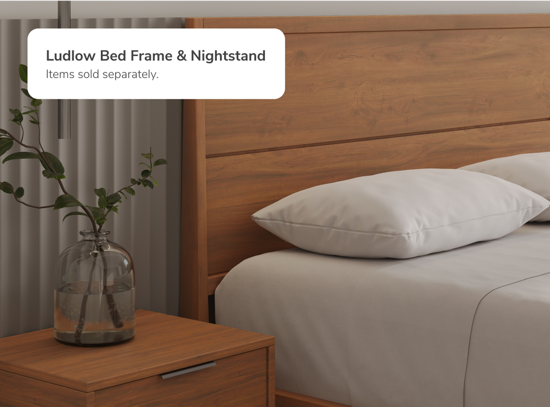 An image of the Ludlow Bed Frame and Nightstand with a callout that the nightstand is sold separately 
