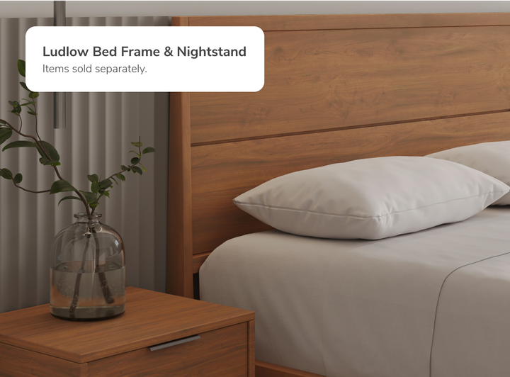 An image of the Ludlow Bed Frame and Nightstand with a callout that the nightstand is sold separately 