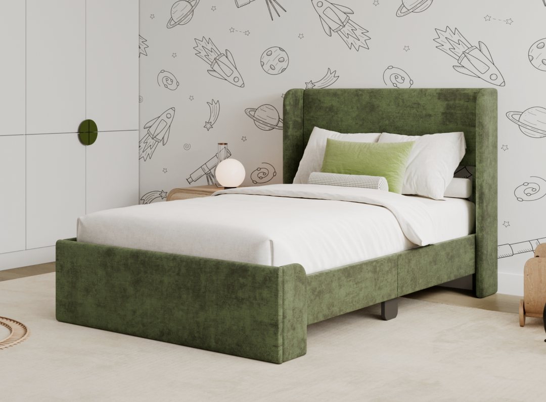 A lifestyle image of the Astor Bed Frame in the Green color