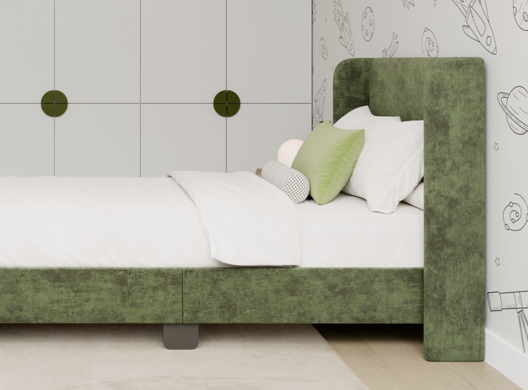 A closeup image of the Astor Bed Frame showcasing its headboard and upholstered fabric