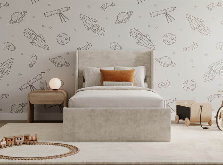 A lifestyle image of the Astor Bed Frame in the Cream color