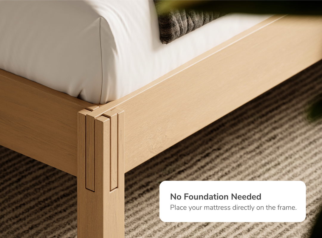 A closeup image of the Madison Bed Frame with a callout that no additional foundation or box spring is needed to support your mattress