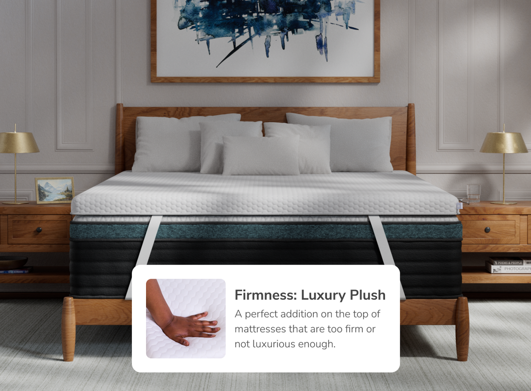 A rendered image of the Premium Memory Foam Mattress Topper with a callout to its luxury plush design