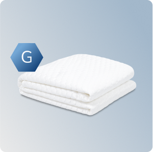 Folded white blanket on a light blue background with a brand logo.