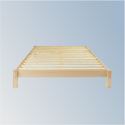 Wooden bed frame on a light blue background